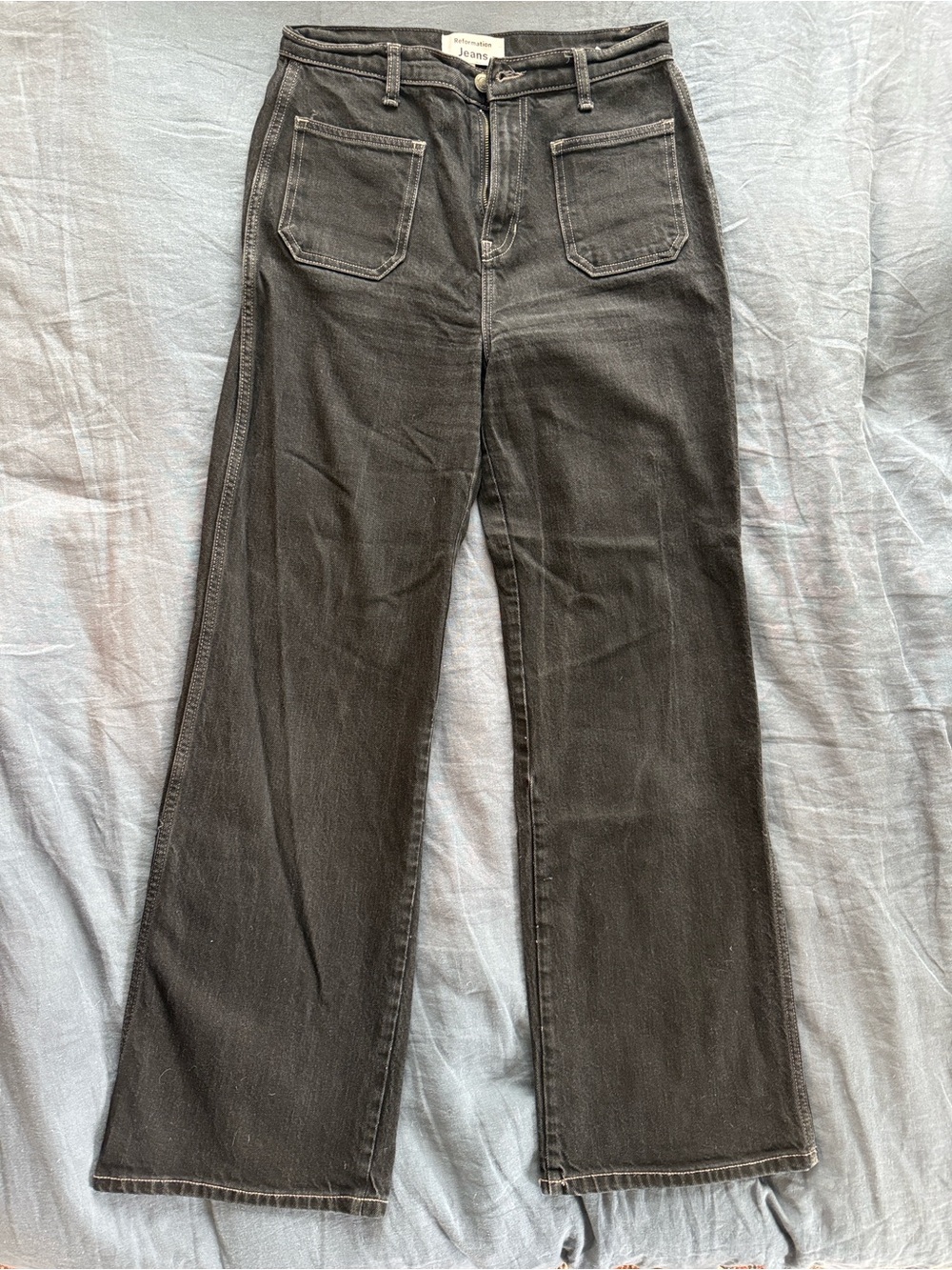 Reformation Alyssa Stretch High Rise Wide Leg Jeans - Grey/Black; size 28
